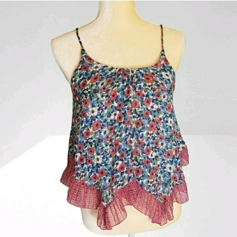 š
ŗA&F Xs Floral Layered Tank Top Blouse Red Blue Hi-Lo Spaghetti Straps